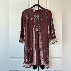 ANNA SUI Women’s Burgundy Cat Doll Bow Long Sleeve Silk Dress (Size 2)